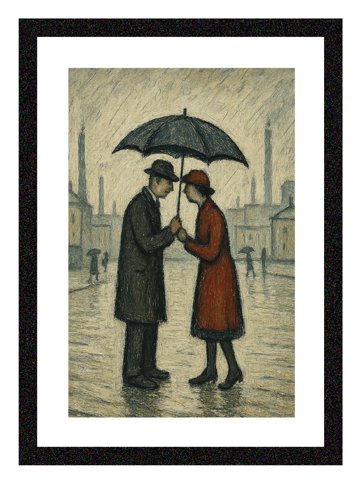 Couple In The Rain - A4 Size Giclée Art Print. Lowry Style Art Print. Available Framed and Unframed.