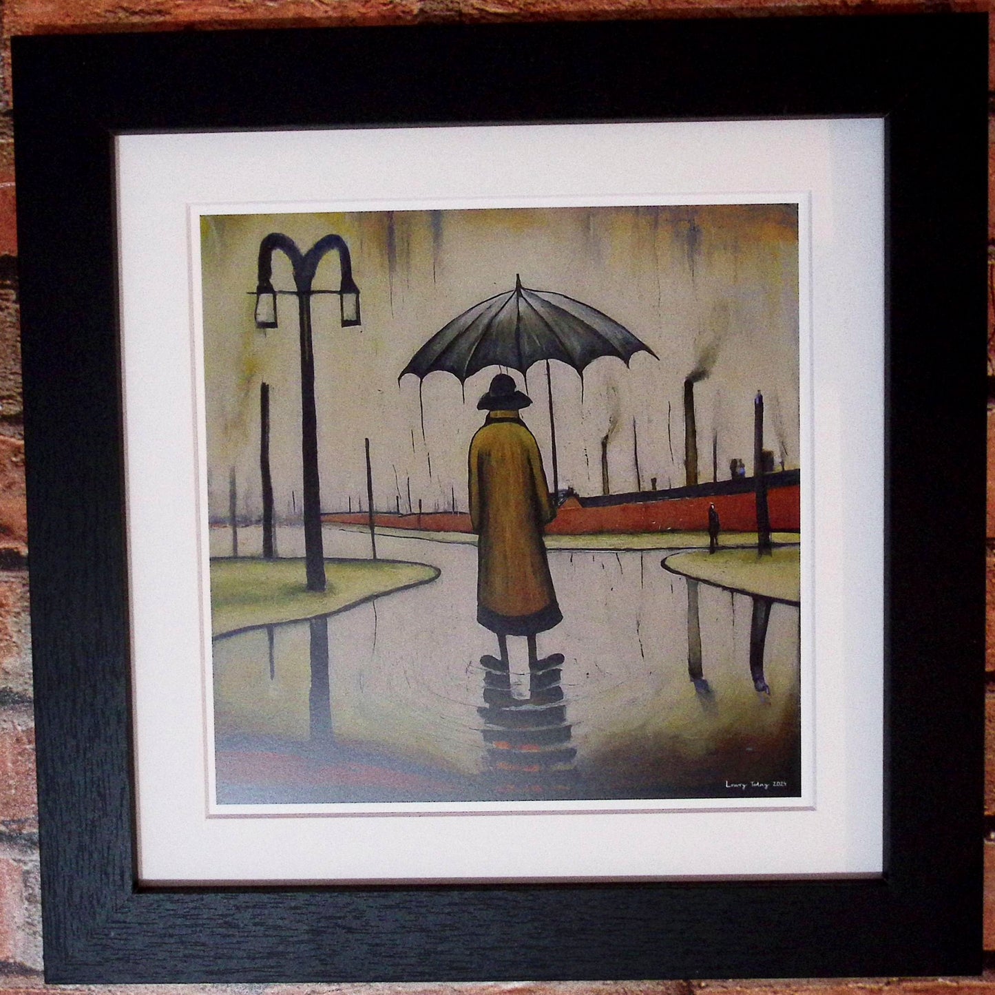 Beautiful British Day, Man in the Rain - Giclée Art Print 21cm Square. Glorious Image in the Style Of LS Lowry