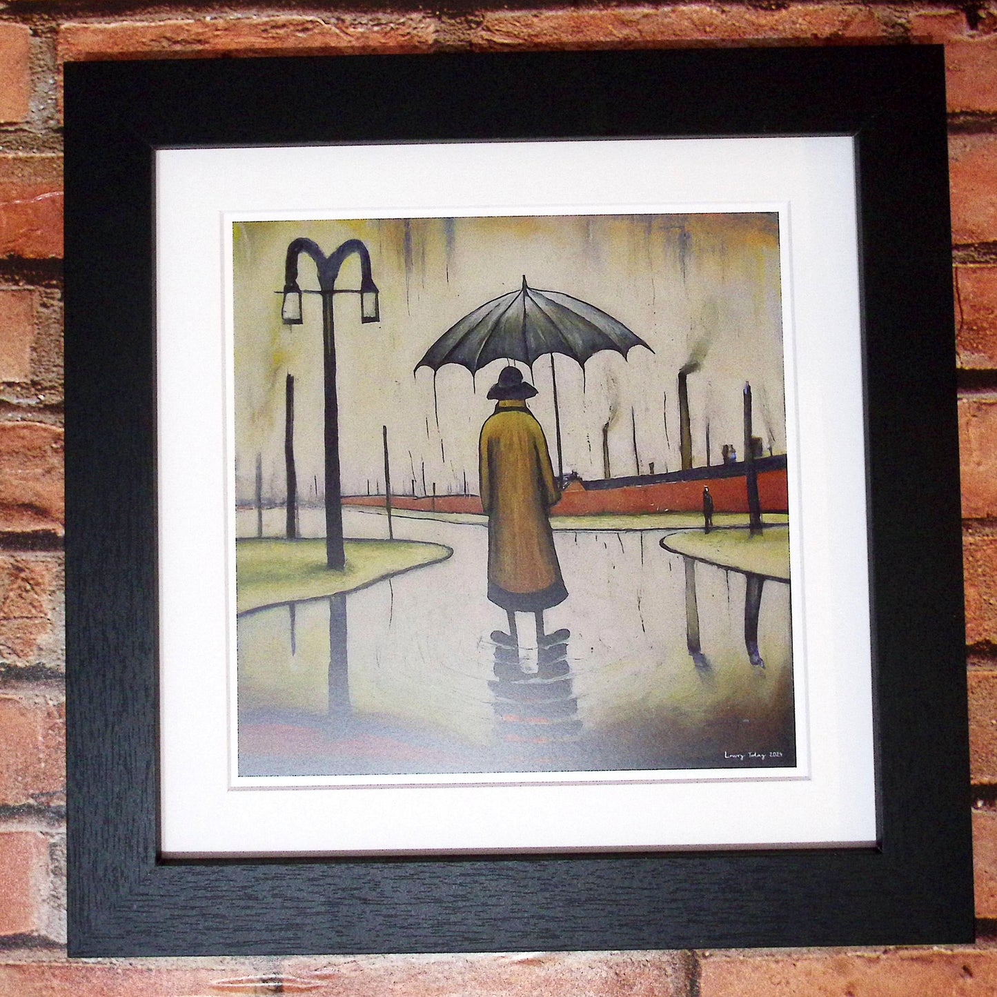 Beautiful British Day, Man in the Rain - Giclée Art Print 21cm Square. Glorious Image in the Style Of LS Lowry
