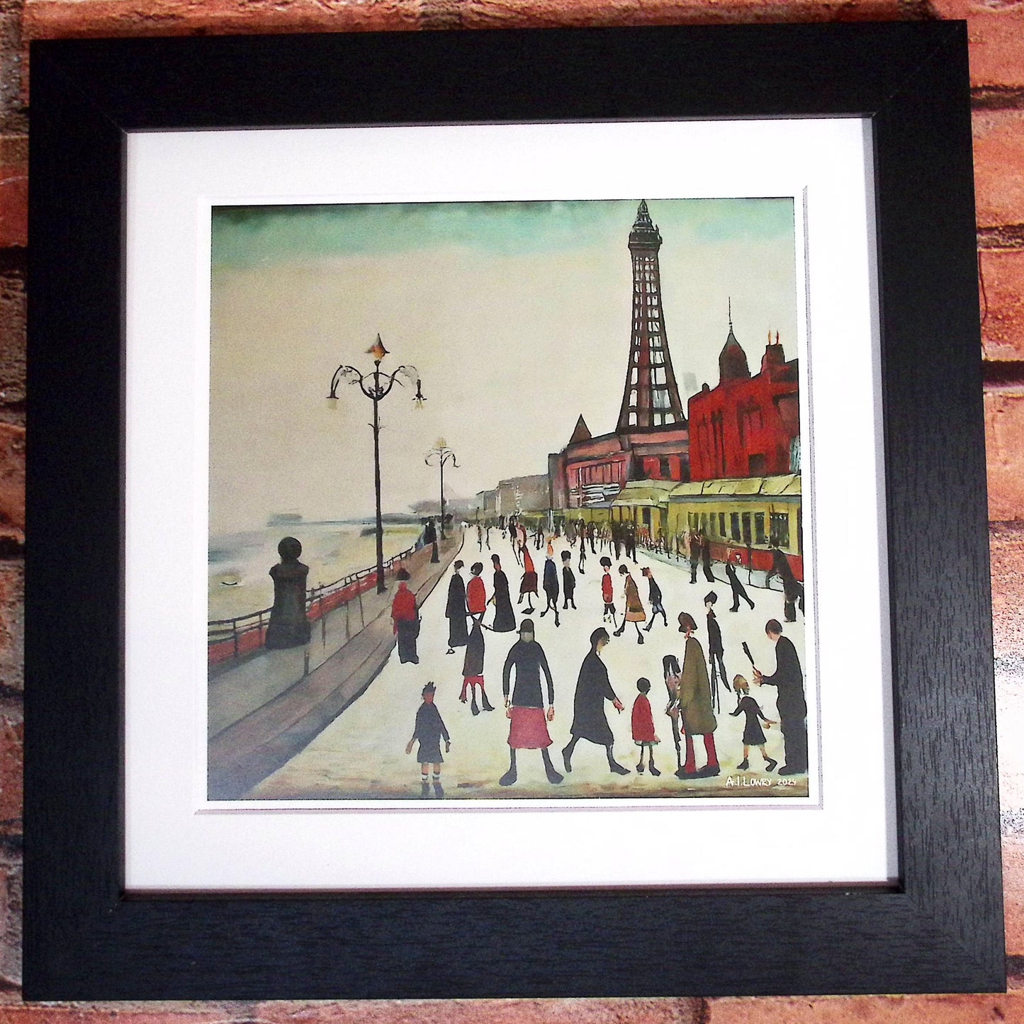 Blackpool Front Giclée Art Print 12" Black Square framed. Enchanting Image in the Style Of LS Lowry