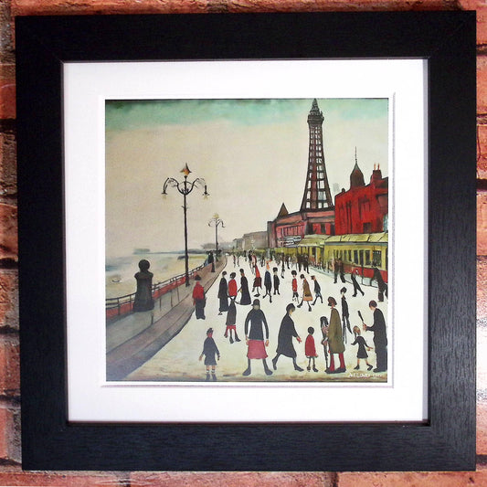 Blackpool Front Giclée Art Print 12" Black Square framed. Enchanting Image in the Style Of LS Lowry