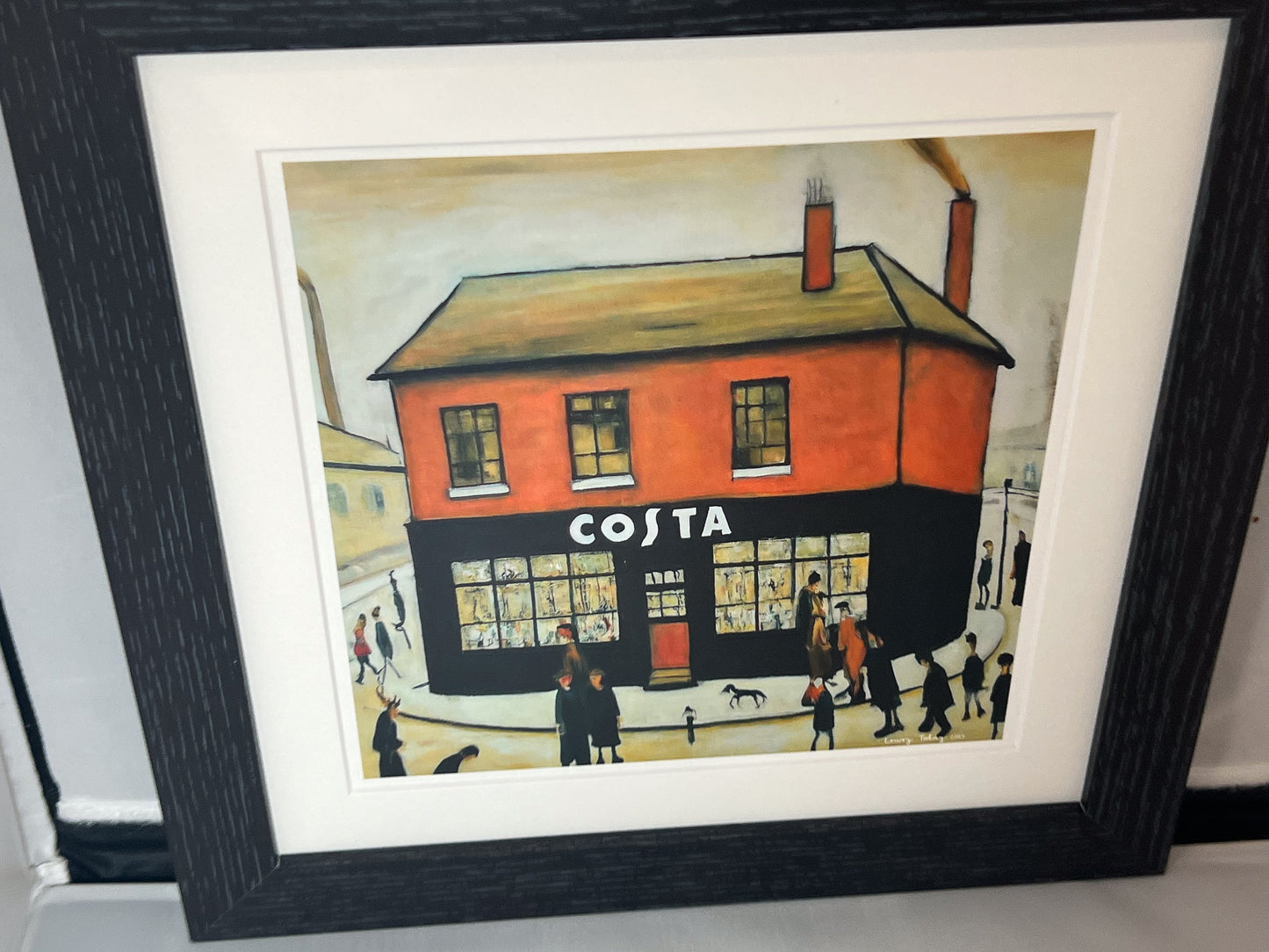 Costa Coffee - Giclée Art Print 12" Square Black Frame. Stylish Image in the Style Of LS Lowry. Ideal Gift.