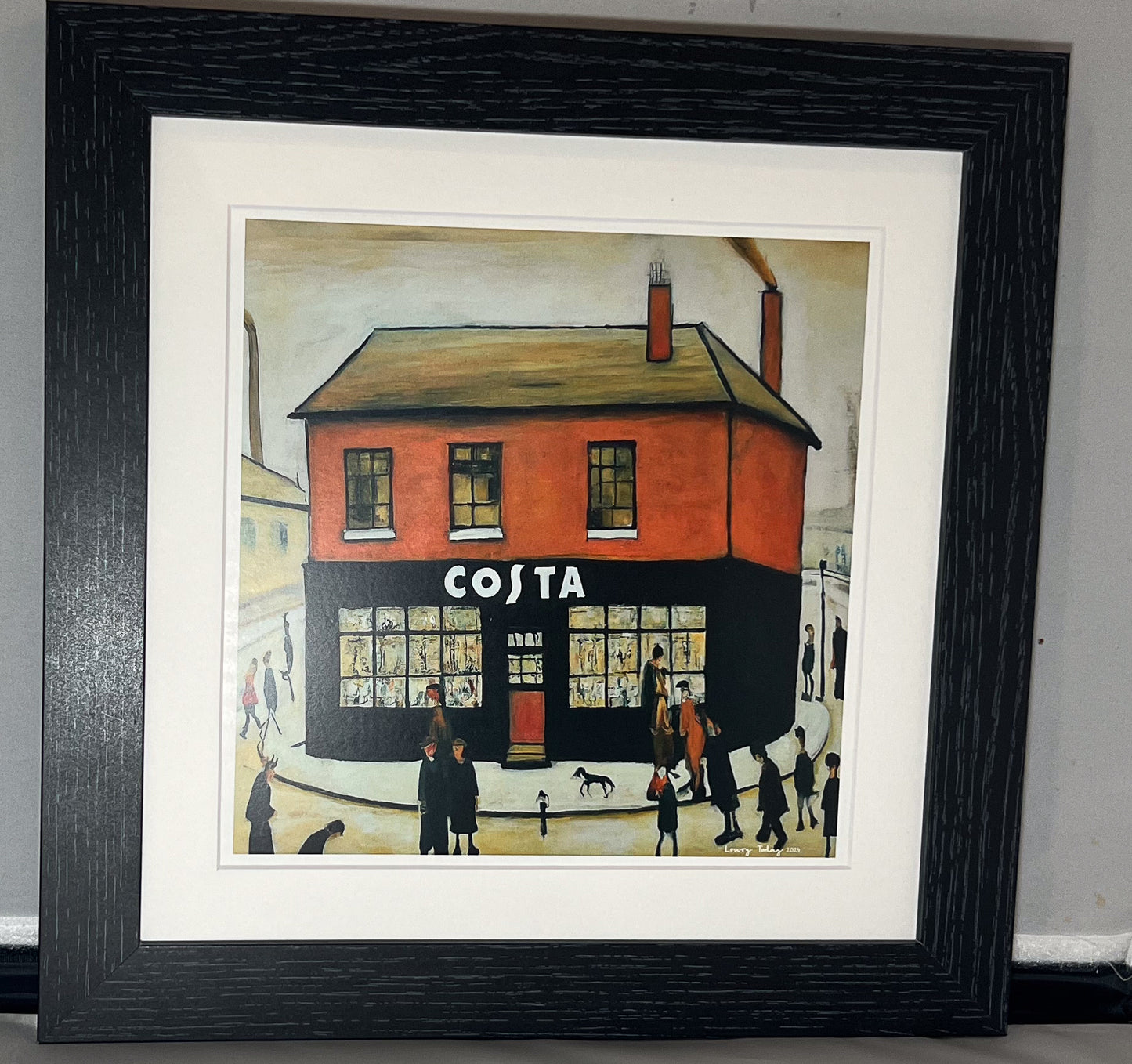 Costa Coffee - Giclée Art Print 12" Square Black Frame. Stylish Image in the Style Of LS Lowry. Ideal Gift.