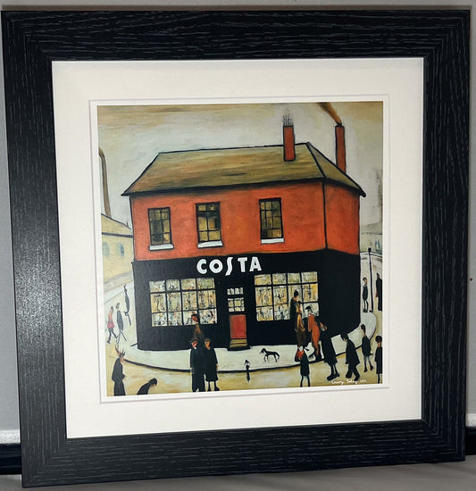 Costa Coffee - Giclée Art Print 12" Square Black Frame. Stylish Image in the Style Of LS Lowry. Ideal Gift.