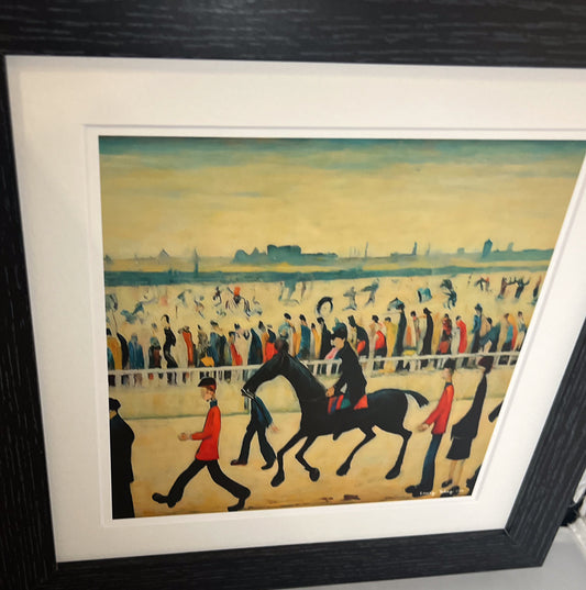 At The Races - Giclée Art Print 12" Square Black Framed. Entertaining Image in the Style Of LS Lowry. Ideal Gift.