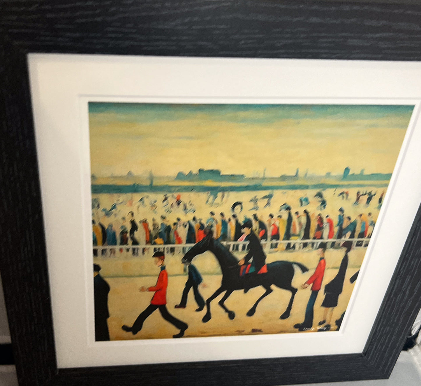 At The Races - Giclée Art Print 12" Square Black Framed. Entertaining Image in the Style Of LS Lowry. Ideal Gift.