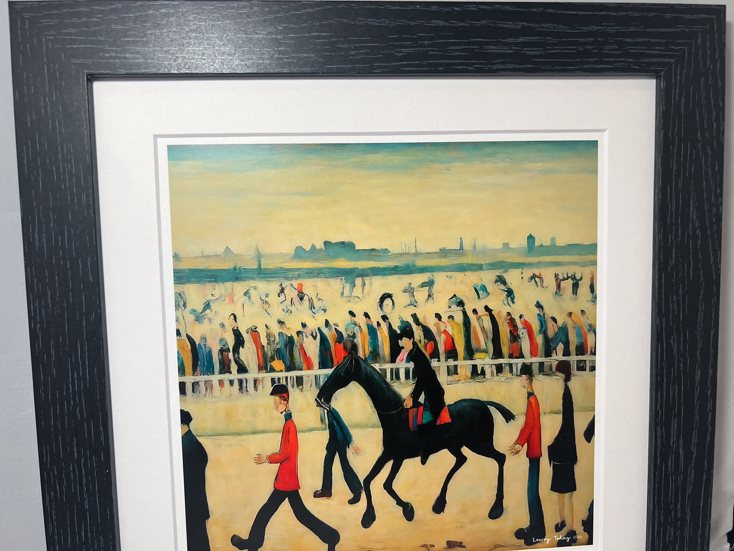 At The Races - Giclée Art Print 12" Square Black Framed. Entertaining Image in the Style Of LS Lowry. Ideal Gift.