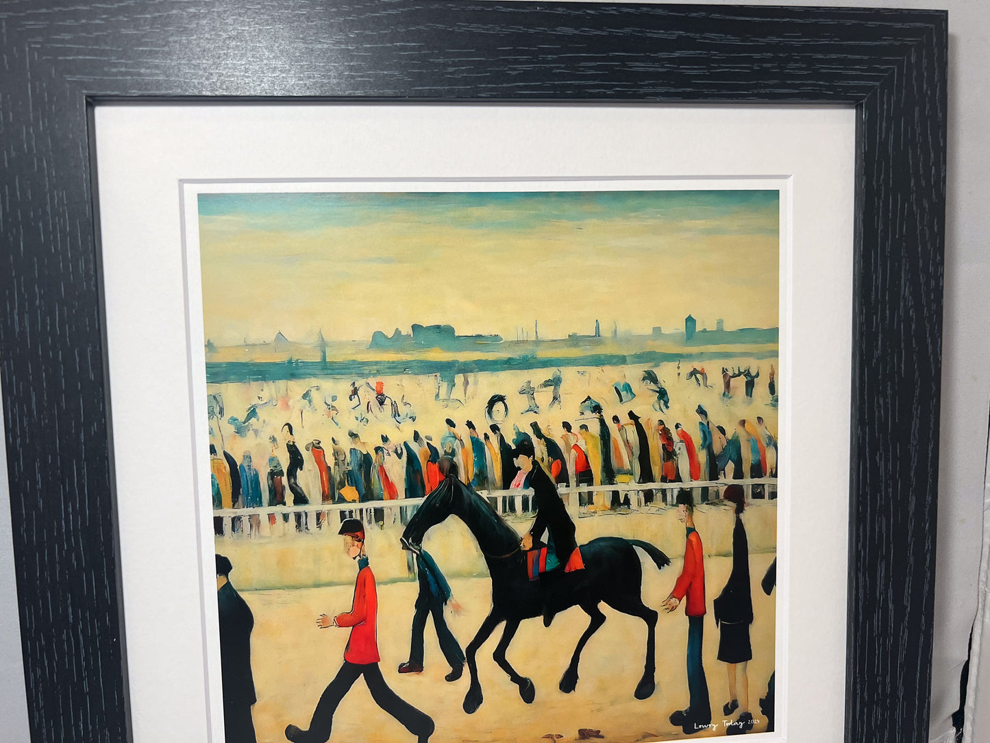 At The Races - Giclée Art Print 12" Square Black Framed. Entertaining Image in the Style Of LS Lowry. Ideal Gift.
