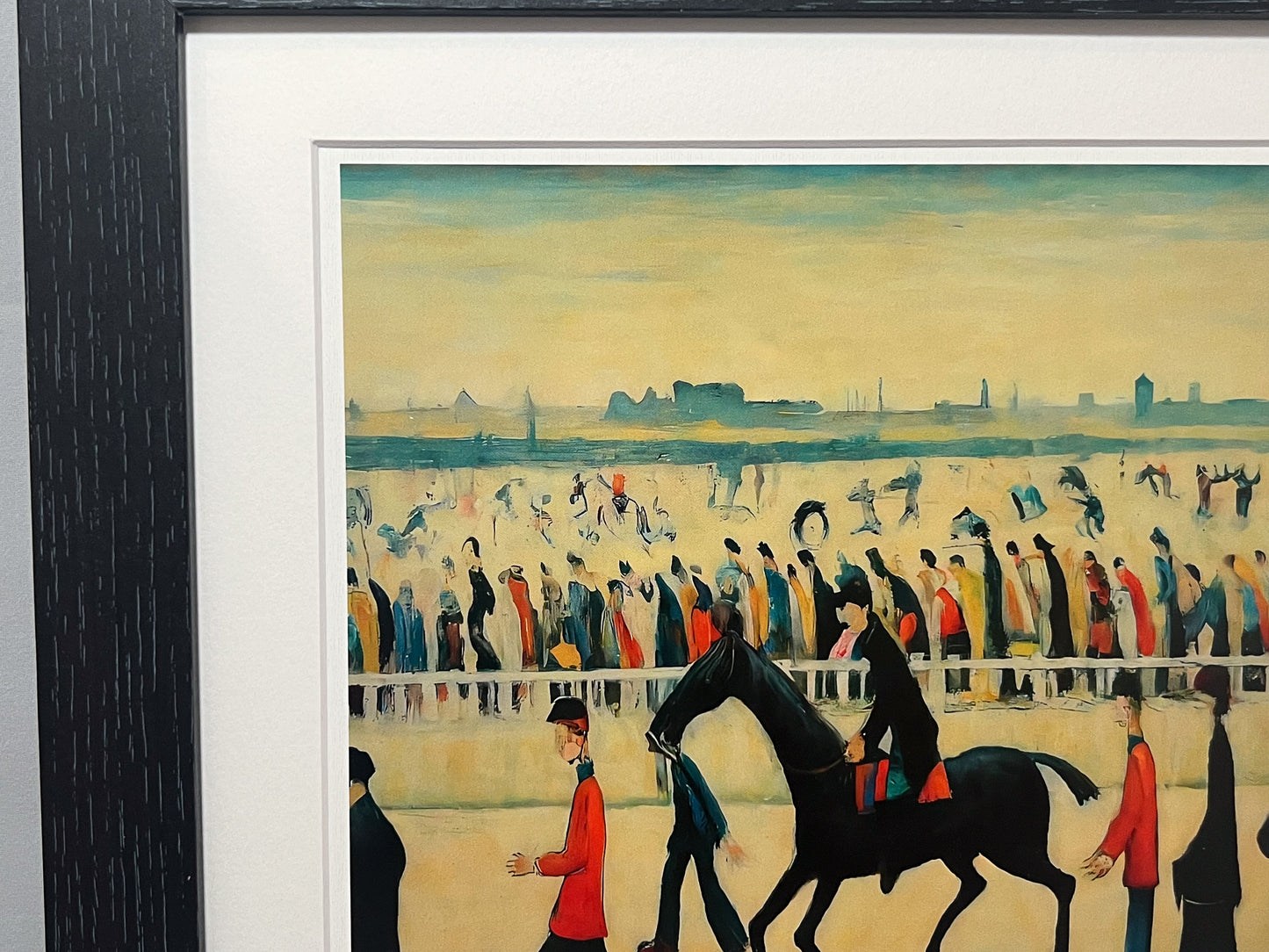 At The Races - Giclée Art Print 12" Square Black Framed. Entertaining Image in the Style Of LS Lowry. Ideal Gift.