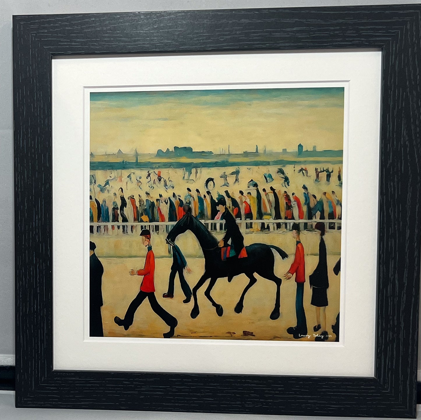 At The Races - Giclée Art Print 12" Square Black Framed. Entertaining Image in the Style Of LS Lowry. Ideal Gift.