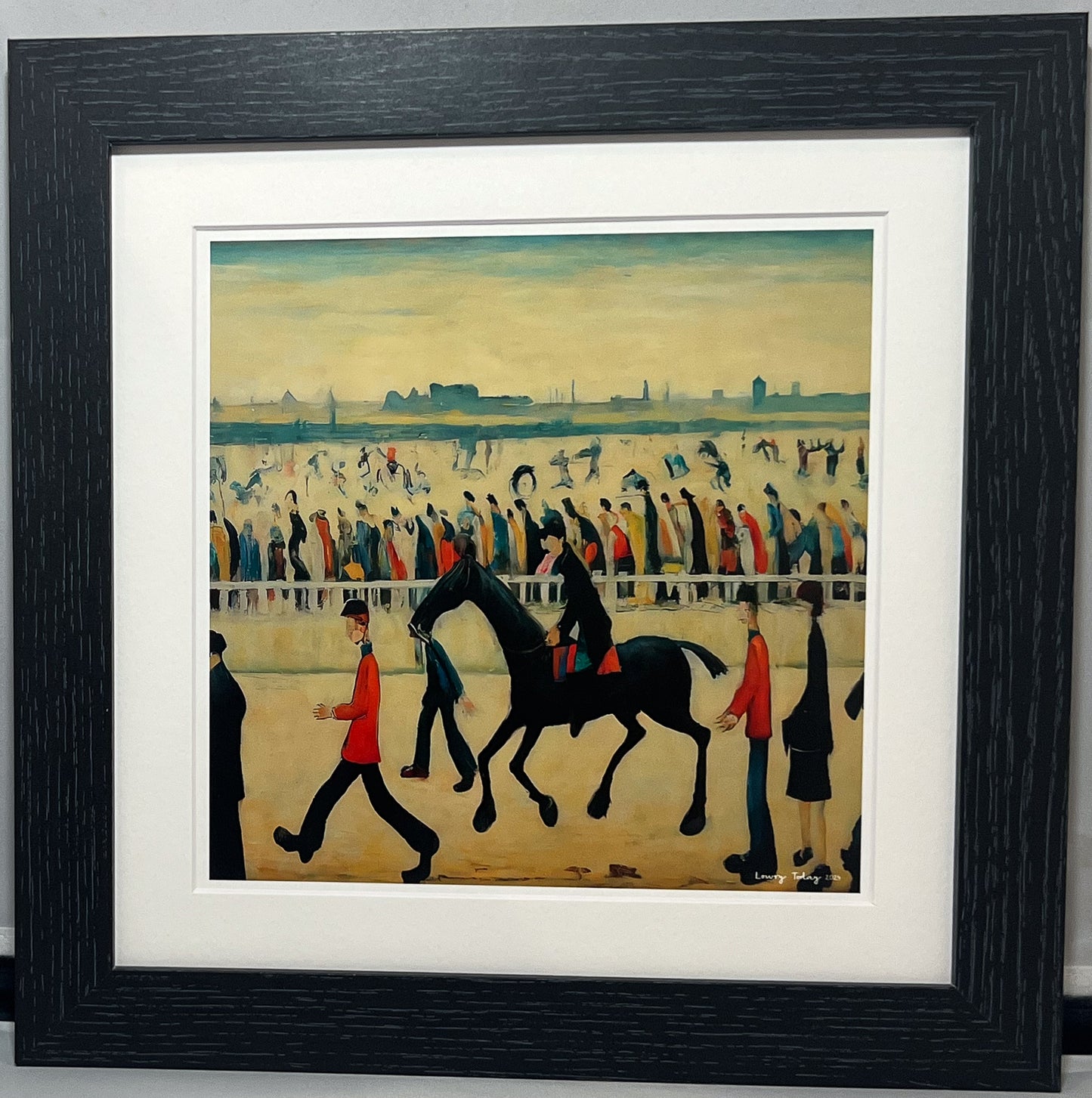 At The Races - Giclée Art Print 12" Square Black Framed. Entertaining Image in the Style Of LS Lowry. Ideal Gift.