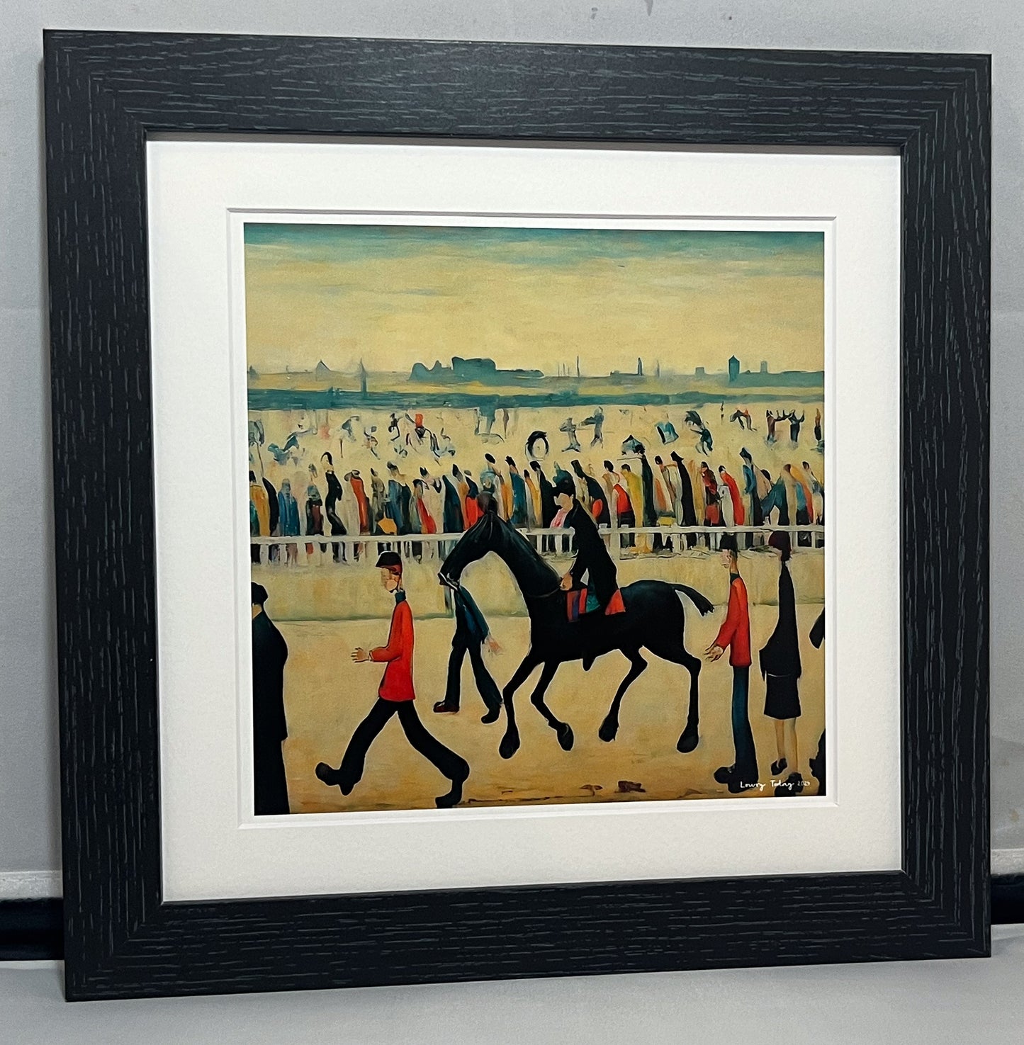 At The Races - Giclée Art Print 12" Square Black Framed. Entertaining Image in the Style Of LS Lowry. Ideal Gift.