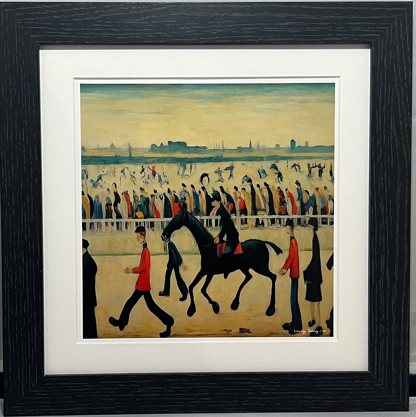 At The Races - Giclée Art Print 12" Square Black Framed. Entertaining Image in the Style Of LS Lowry. Ideal Gift.
