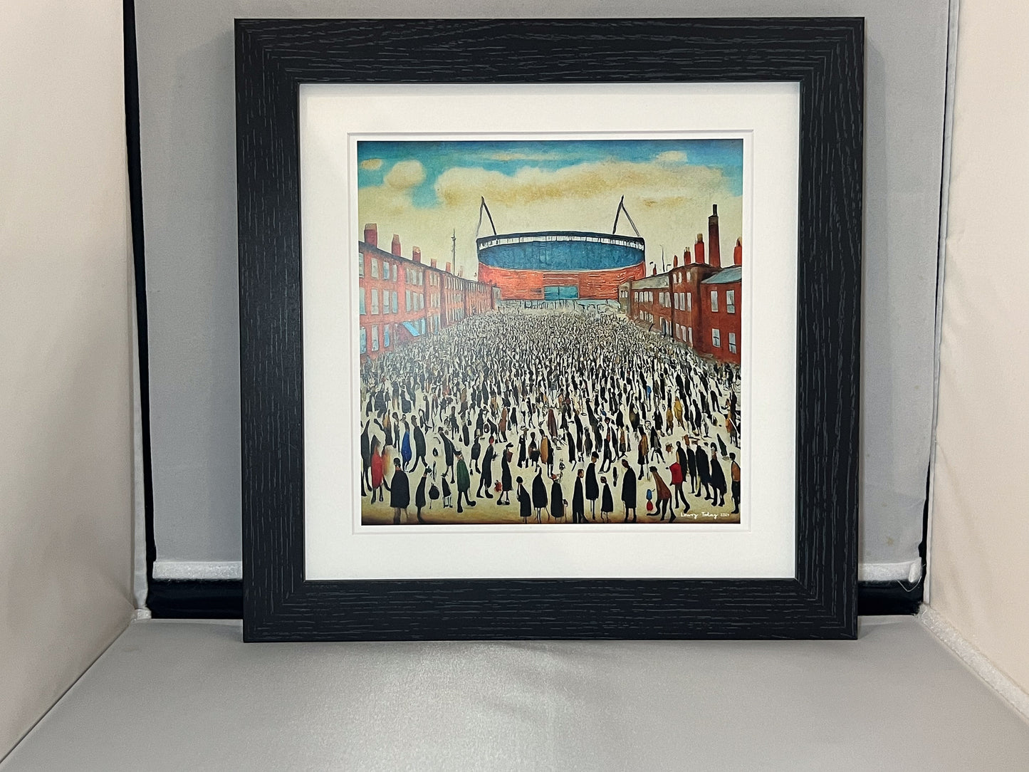 The "Blue" Stadium - Giclée Art Print 12" Square Framed. Stylish Image in the Style Of LS Lowry. Ideal Gift.