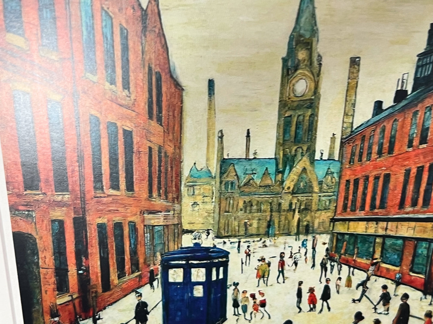 The Doctor Who Comes To Town - Giclée Art Print 12" Square Black Frame. Stylish Image in the Style Of LS Lowry. Ideal Gift.