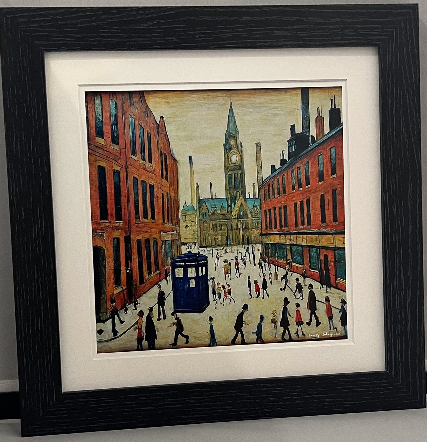 The Doctor Who Comes To Town - Giclée Art Print 12" Square Black Frame. Stylish Image in the Style Of LS Lowry. Ideal Gift.