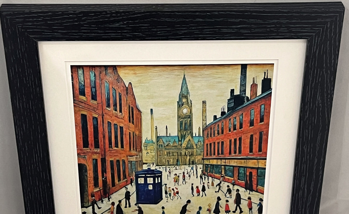 The Doctor Who Comes To Town - Giclée Art Print 12" Square Black Frame. Stylish Image in the Style Of LS Lowry. Ideal Gift.
