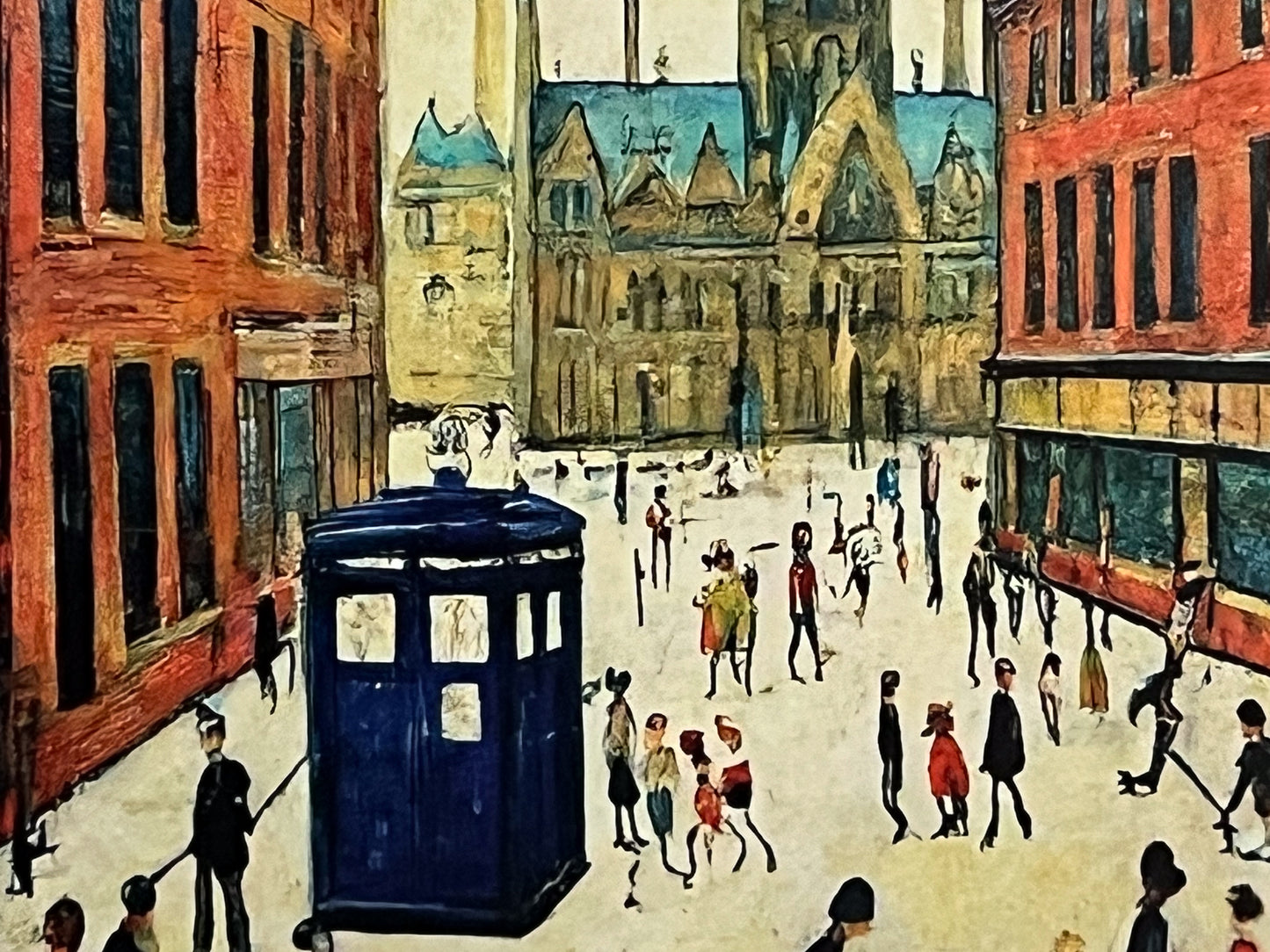 The Doctor Who Comes To Town - Giclée Art Print 12" Square Black Frame. Stylish Image in the Style Of LS Lowry. Ideal Gift.