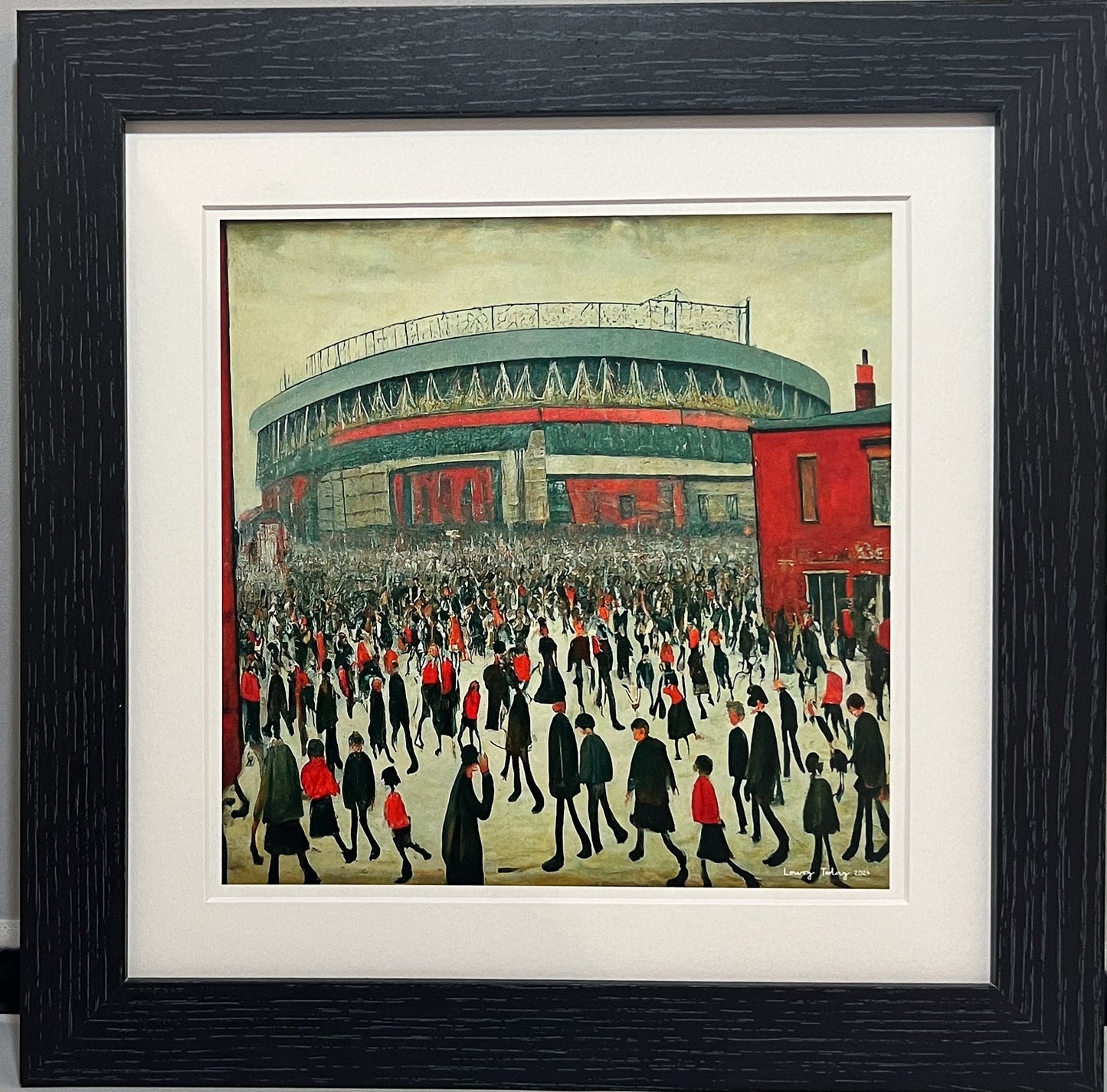 The "Red" Stadium - Giclée Art Print 12" Square Framed. Stylish Image in the Style Of LS Lowry. Ideal Gift.