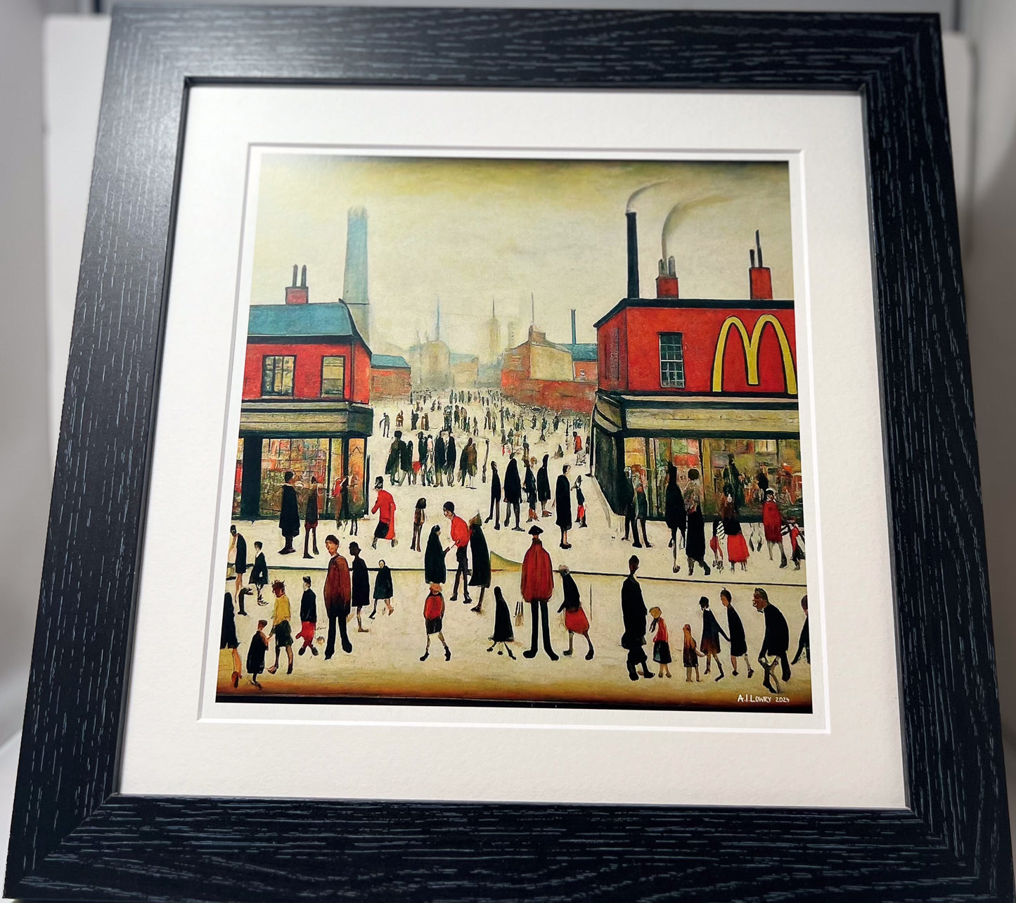 McDonalds - Impression d'art giclée 21 cm carré. Image nostalgique humoristique moderne dans le style de LS Lowry