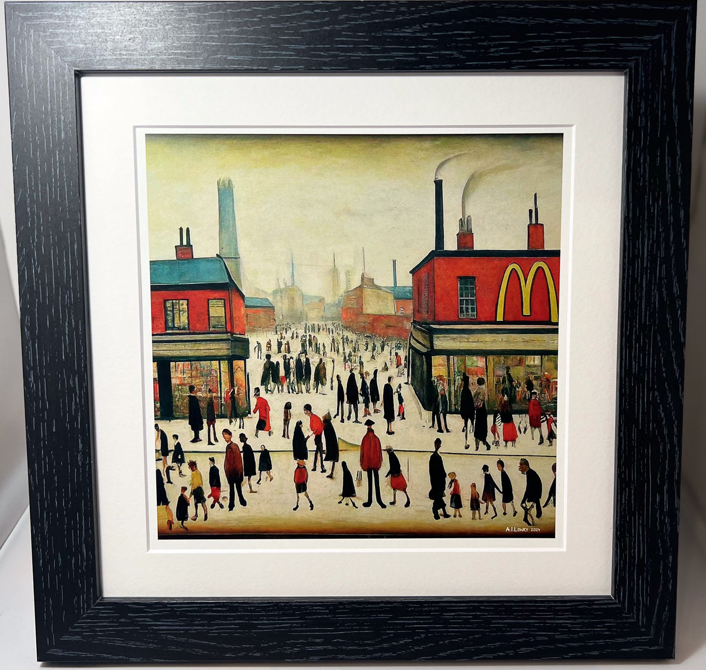 McDonalds - Impression d'art giclée 21 cm carré. Image nostalgique humoristique moderne dans le style de LS Lowry