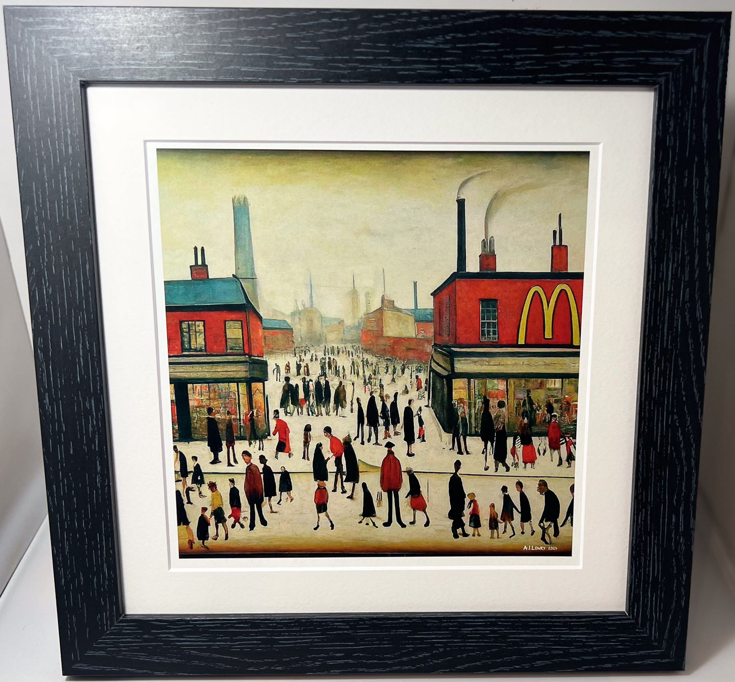 McDonalds - Impression d'art giclée 21 cm carré. Image nostalgique humoristique moderne dans le style de LS Lowry