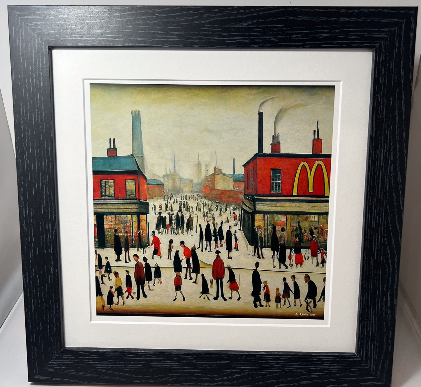 McDonalds - Impression d'art giclée 21 cm carré. Image nostalgique humoristique moderne dans le style de LS Lowry