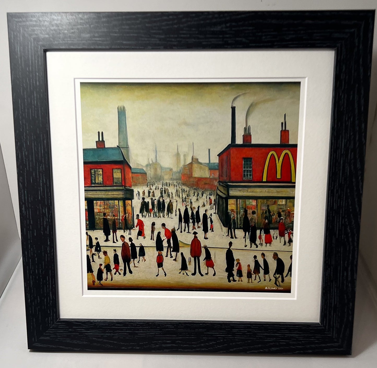 McDonalds - Impression d'art giclée 21 cm carré. Image nostalgique humoristique moderne dans le style de LS Lowry