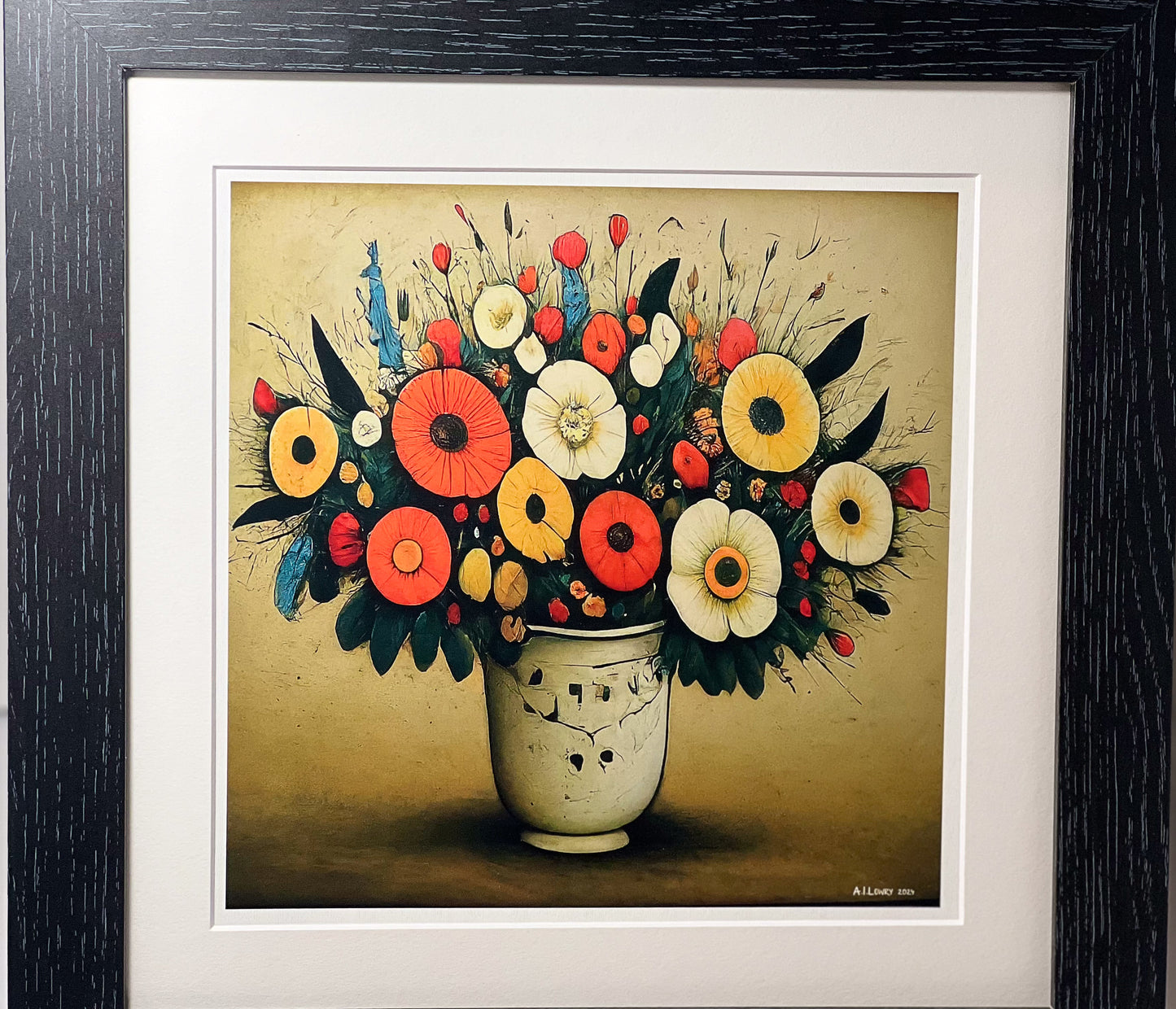 Bouquet of Flowers - Giclée Art Print 12" Square Black Framed. Endearing Image in the Style Of LS Lowry