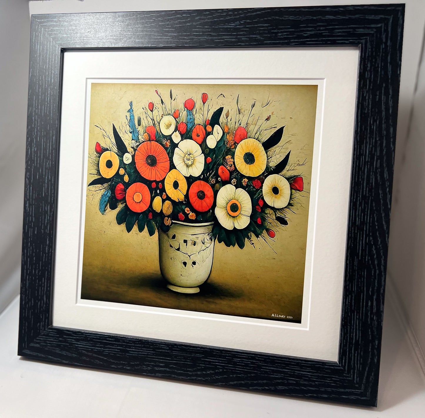 Bouquet of Flowers - Giclée Art Print 12" Square Black Framed. Endearing Image in the Style Of LS Lowry
