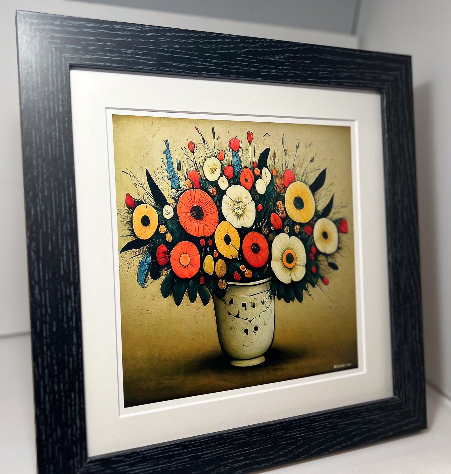 Bouquet of Flowers - Giclée Art Print 12" Square Black Framed. Endearing Image in the Style Of LS Lowry