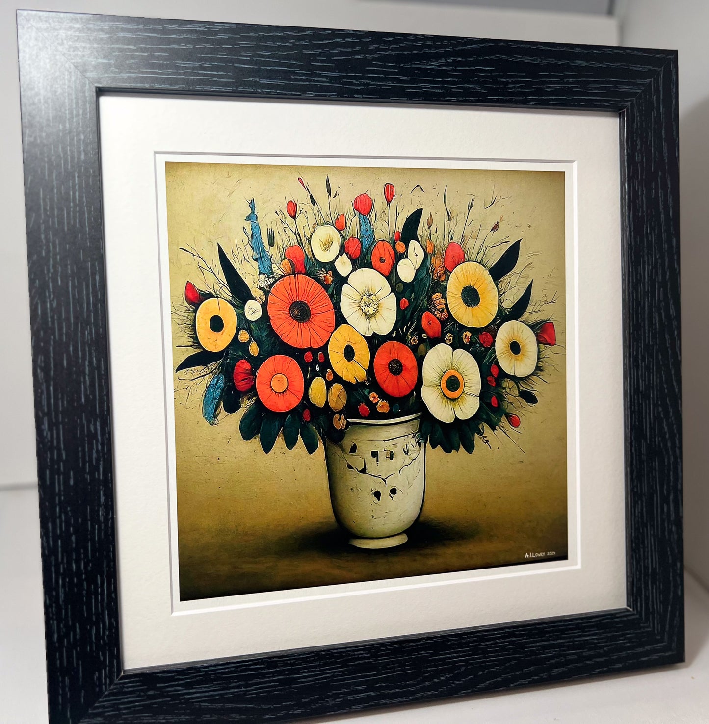 Bouquet of Flowers - Giclée Art Print 12" Square Black Framed. Endearing Image in the Style Of LS Lowry
