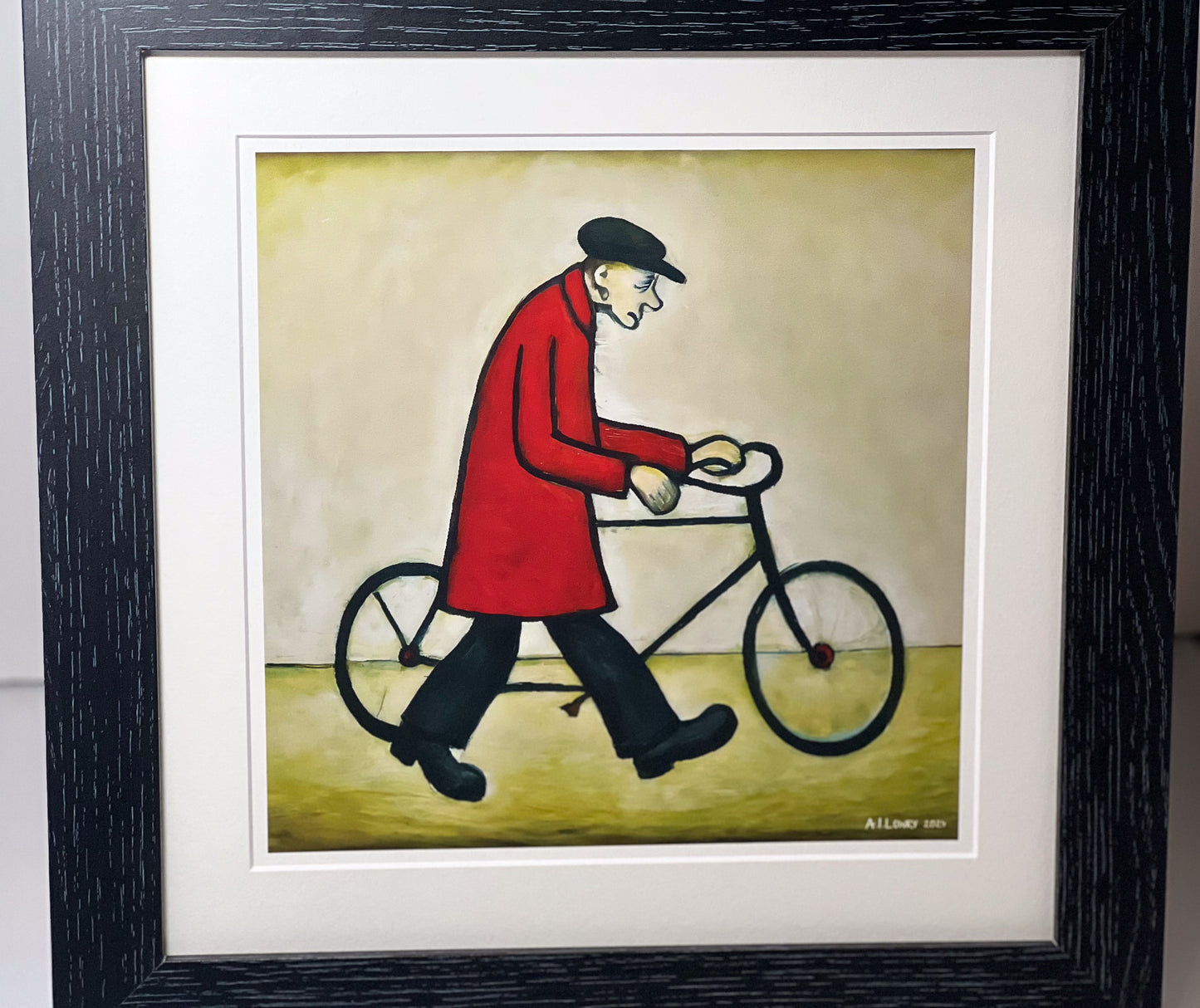 Homme à vélo - Impression d'art giclée 21 cm carré. Image charmante dans le style de LS Lowry