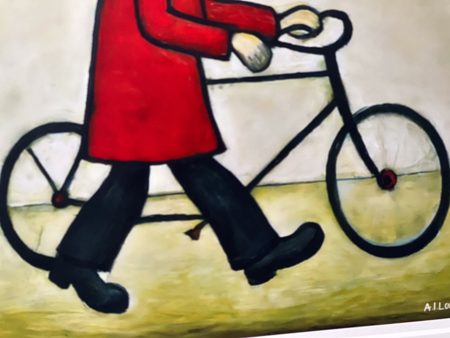 Homme à vélo - Impression d'art giclée 21 cm carré. Image charmante dans le style de LS Lowry