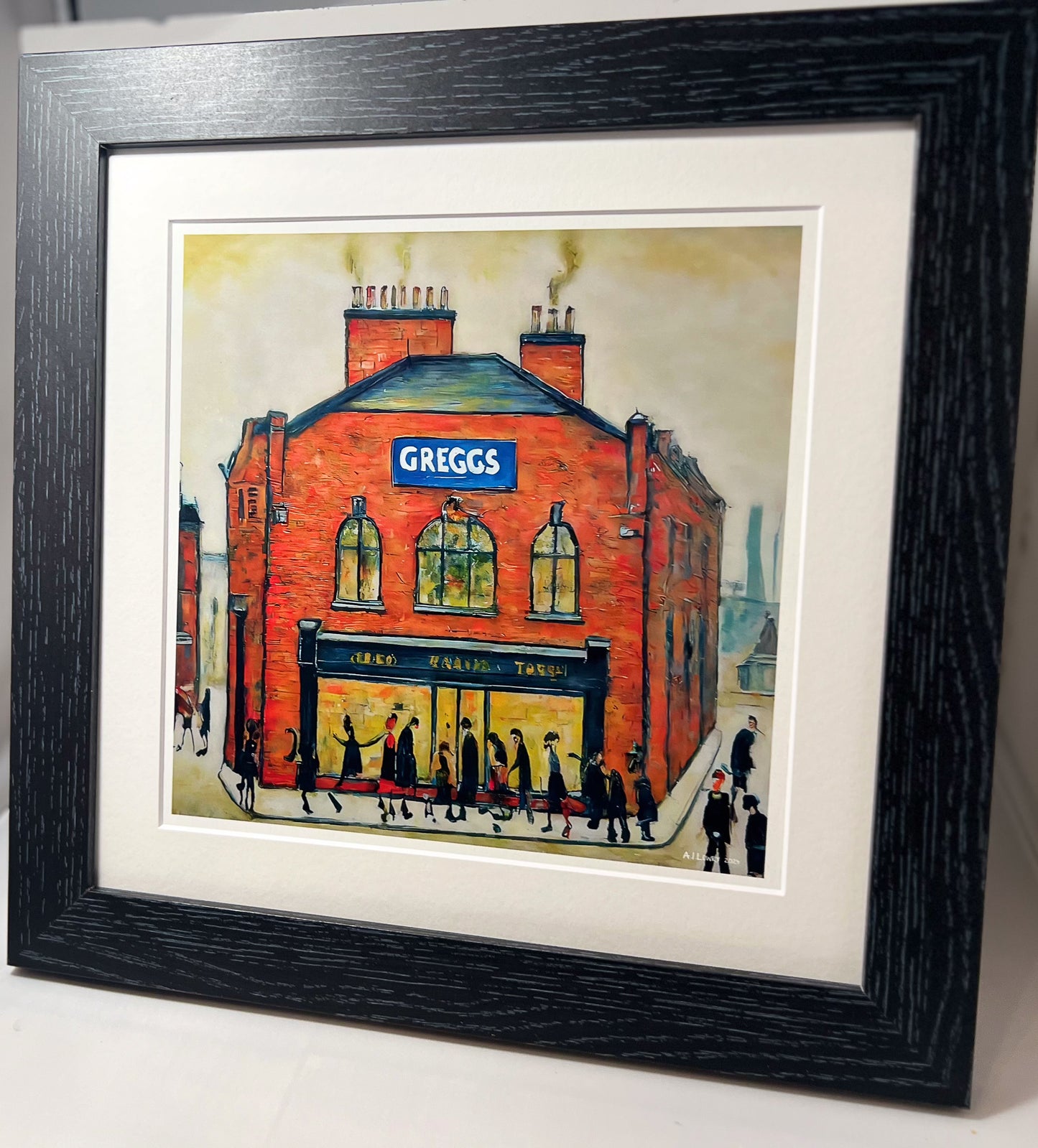 Greggs - Giclée Art Print 12" Square Framed. Modern Nostalgia Image in the Style Of LS Lowry