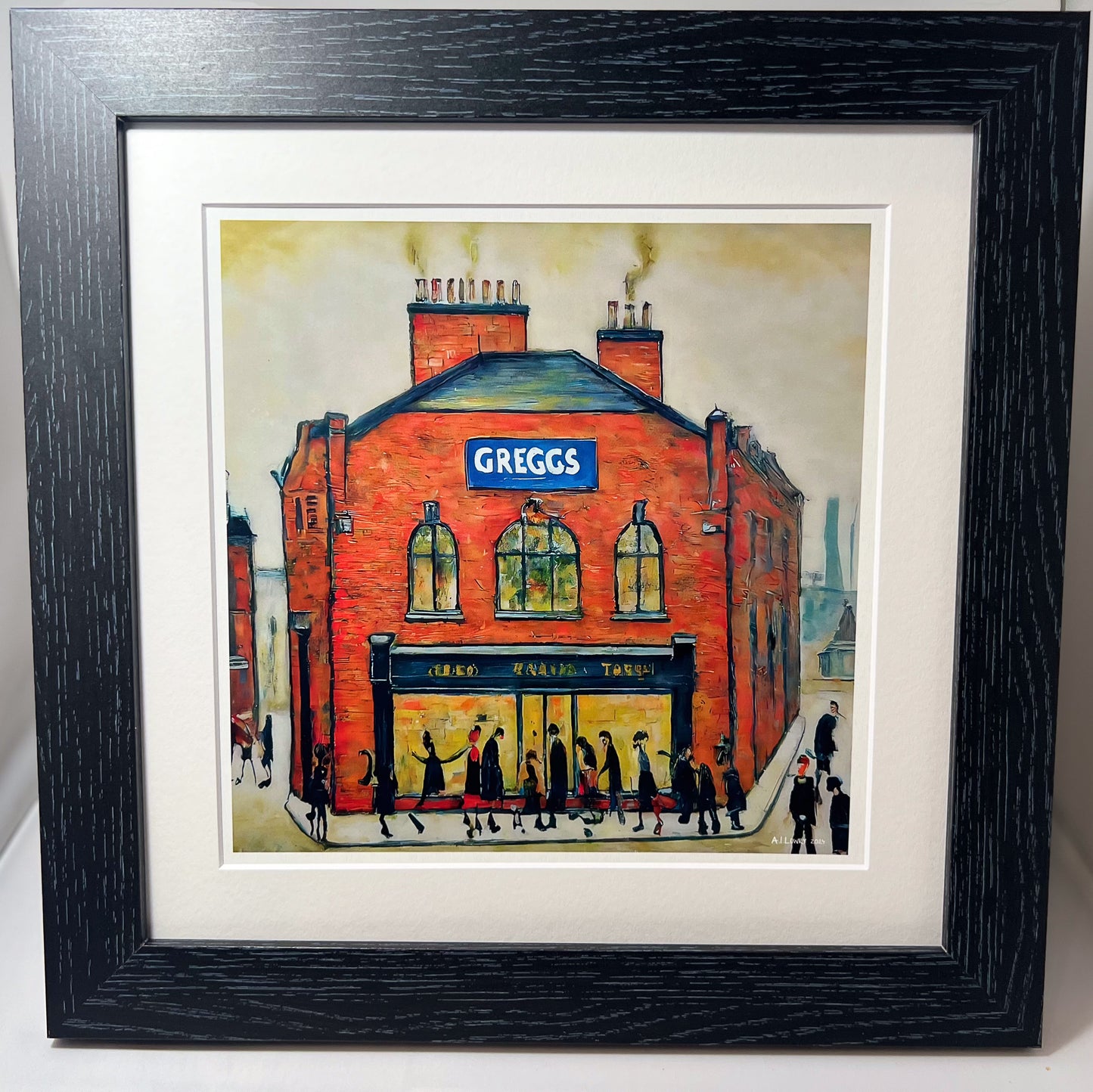 Greggs - Giclée Art Print 12" Square Framed. Modern Nostalgia Image in the Style Of LS Lowry