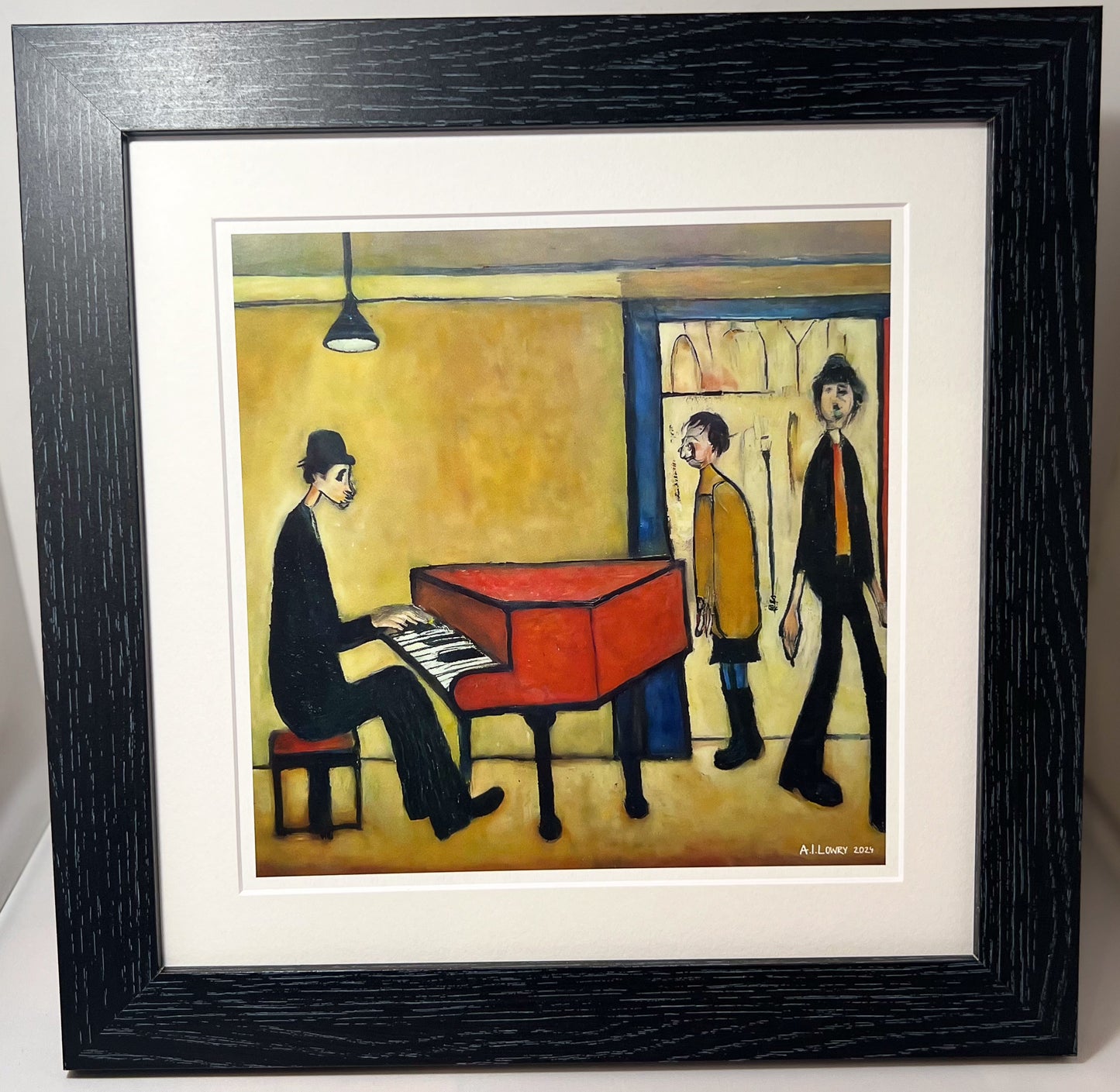 Piano Man - Giclée Art Print 12" Square Black Framed. Entertaining Image in the Style Of LS Lowry