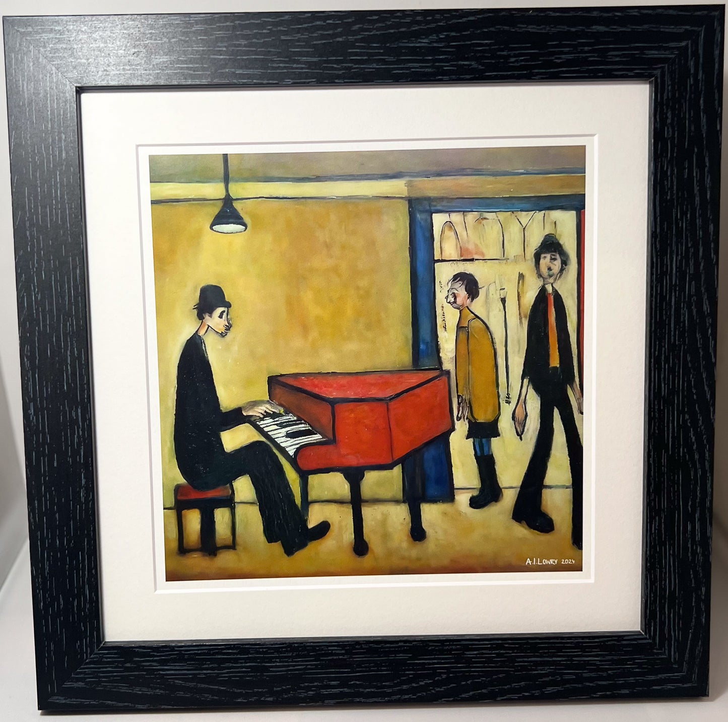 Piano Man - Giclée Art Print 12" Square Black Framed. Entertaining Image in the Style Of LS Lowry