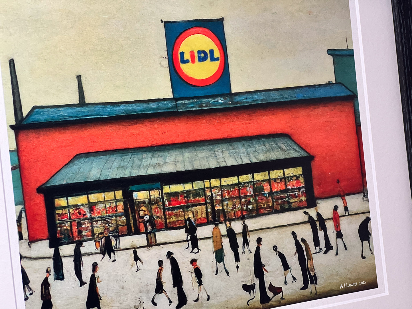 Lidl - Impression d'art giclée 21 cm carré. Image nostalgique humoristique moderne dans le style de LS Lowry