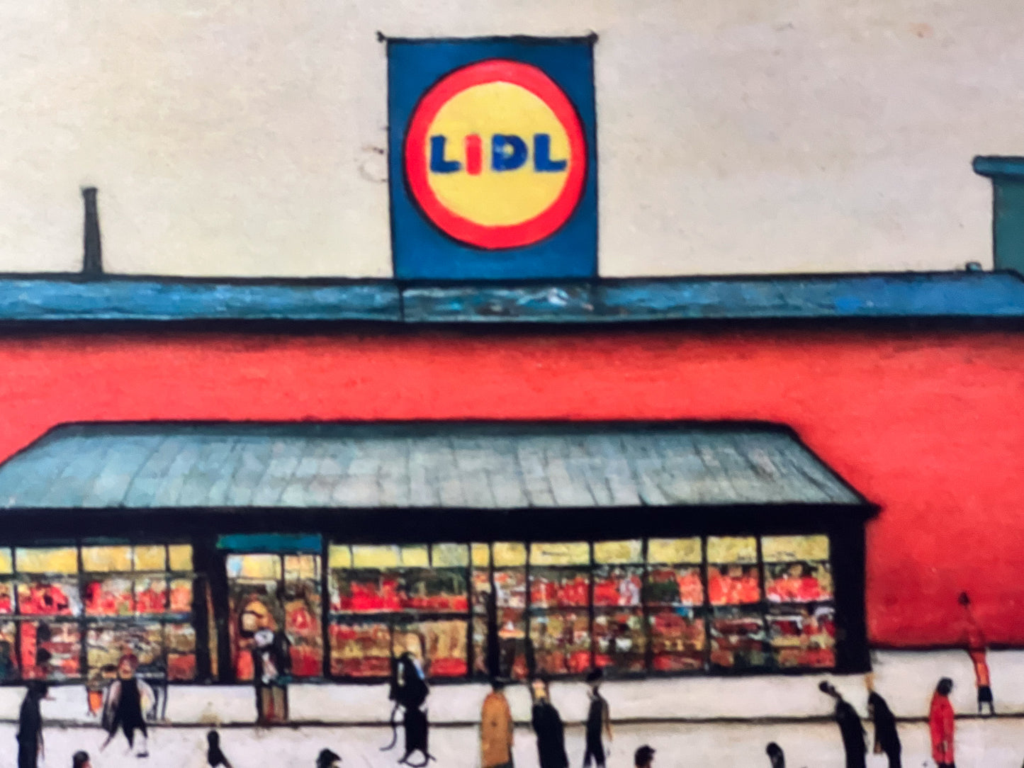 Lidl - Impression d'art giclée 21 cm carré. Image nostalgique humoristique moderne dans le style de LS Lowry