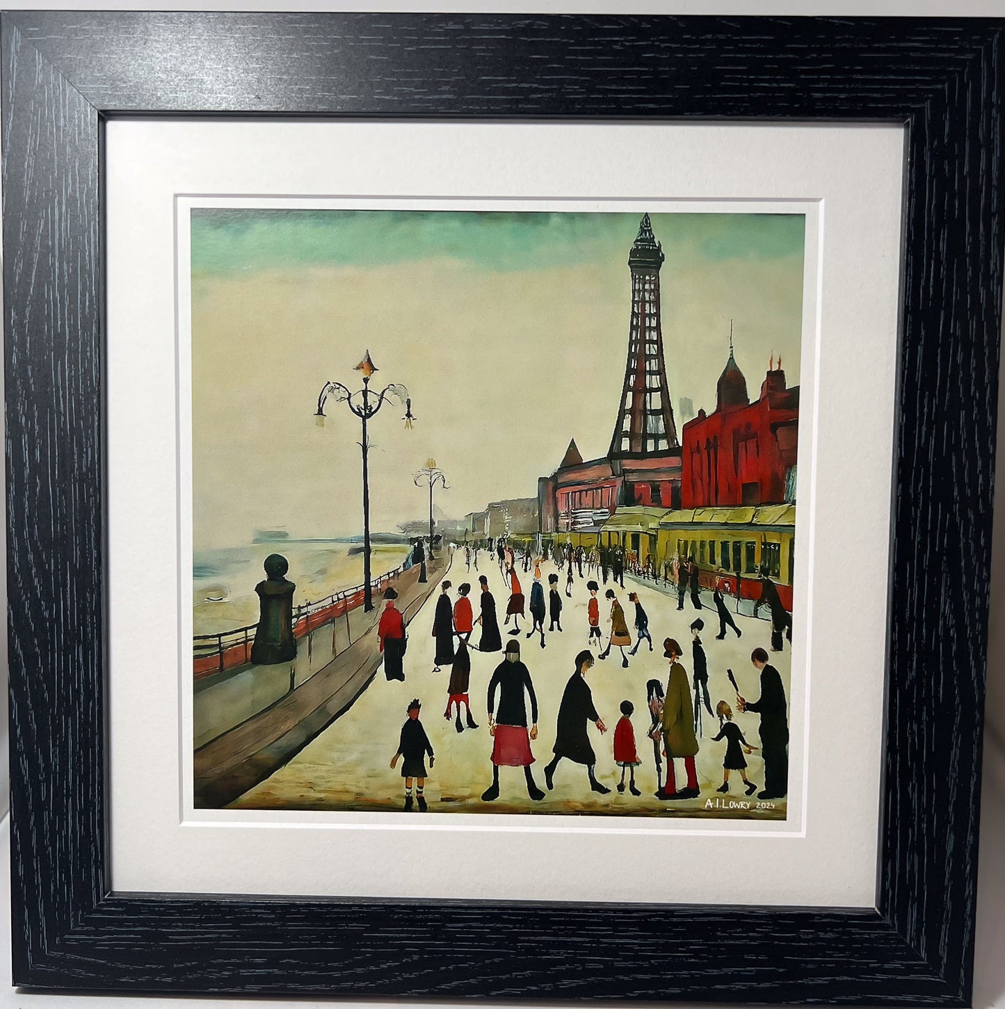 Blackpool Front Giclée Art Print 12" Black Square framed. Enchanting Image in the Style Of LS Lowry
