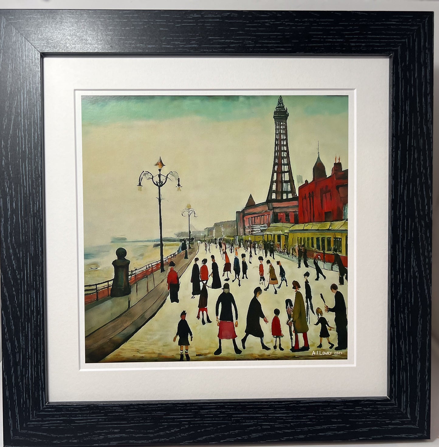 Blackpool Front Giclée Art Print 12" Black Square framed. Enchanting Image in the Style Of LS Lowry