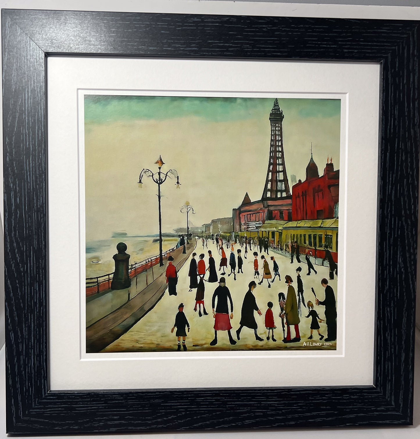 Blackpool Front Giclée Art Print 12" Black Square framed. Enchanting Image in the Style Of LS Lowry