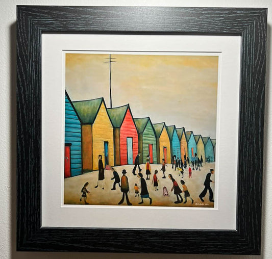 Brighton Beach Huts - Giclée Art Print 12" Square Framed. Endearing Image in the Style Of LS Lowry