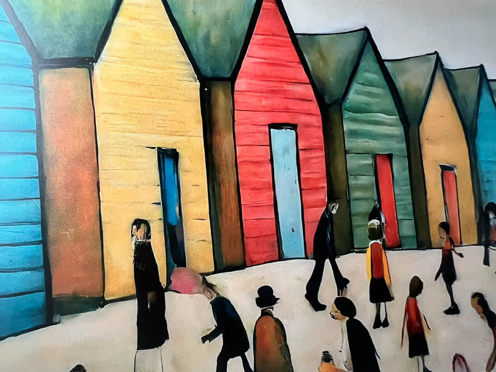 Brighton Beach Huts - Impression d'art giclée 21 cm carré. Image attachante dans le style de LS Lowry
