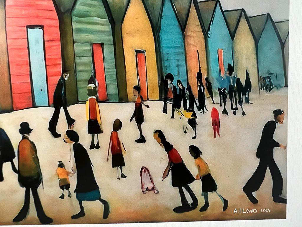 Brighton Beach Huts - Impression d'art giclée 21 cm carré. Image attachante dans le style de LS Lowry
