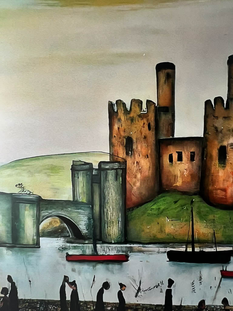 Château de Conwy - Impression d'art giclée 21 cm carré. Image classique du château gallois dans le style de LS Lowry