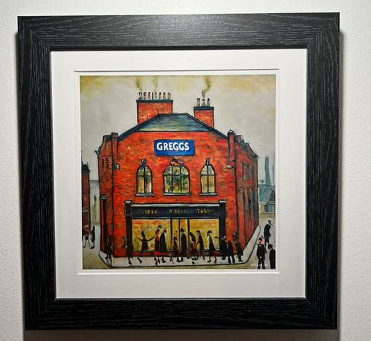 Greggs - Giclée Art Print 12" Square Framed. Modern Nostalgia Image in the Style Of LS Lowry