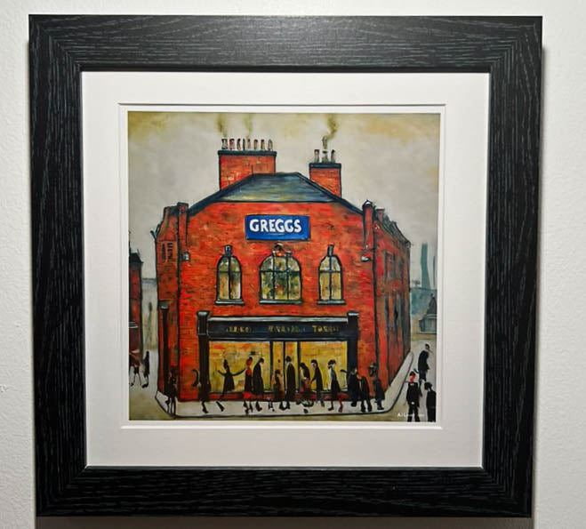 Greggs - Giclée Art Print 12" Square Framed. Modern Nostalgia Image in the Style Of LS Lowry