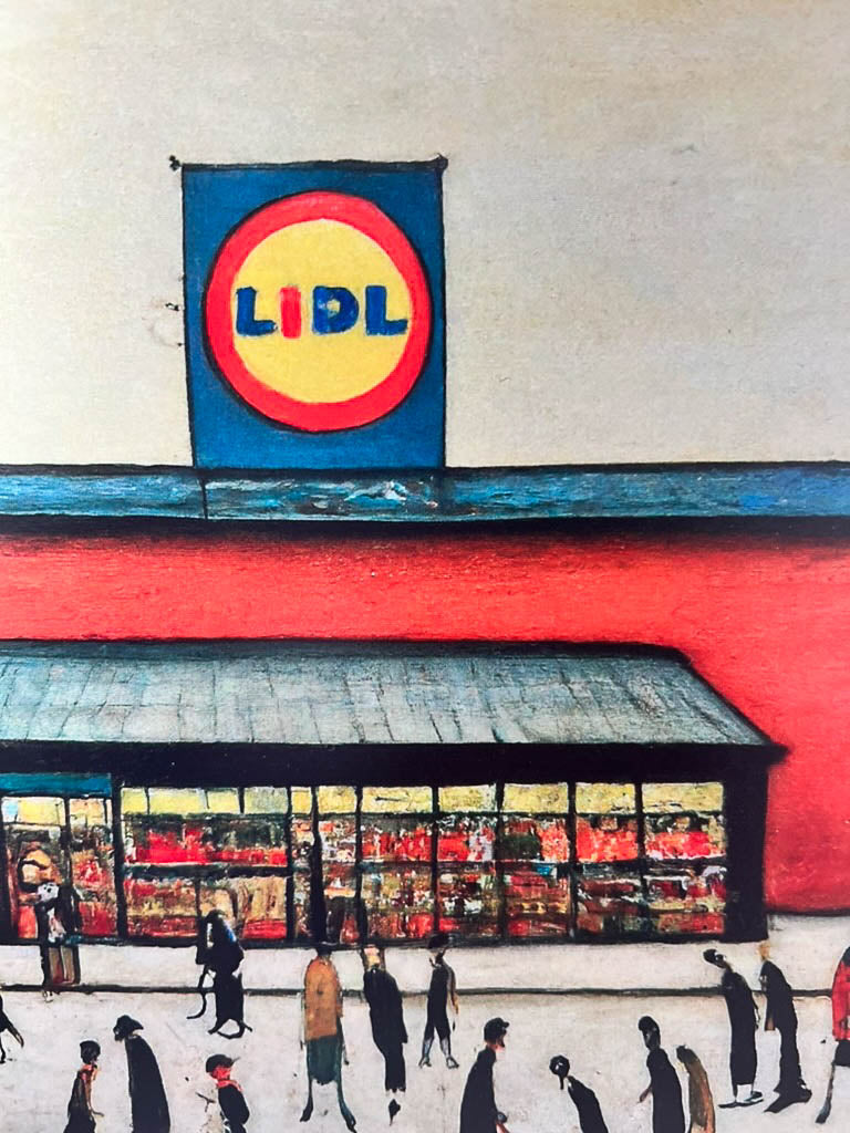 Lidl - Impression d'art giclée 21 cm carré. Image nostalgique humoristique moderne dans le style de LS Lowry